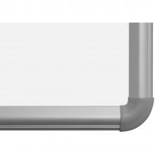 A rounded corner made of matching aluminum on the magnetic dry erase white board with aluminum frame.