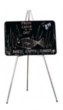 A black marker board displayed on an easel.