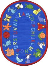 A blue, oval shaped ABC carpet for classrooms.
