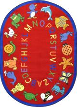 A red, oval shaped ABC carpet for classrooms.