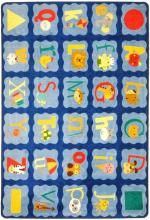 A rectangle shaped alphabet blues alphabet rug for a classroom.