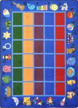 A blue, rectangle shaped preschool classroom rug for a school
