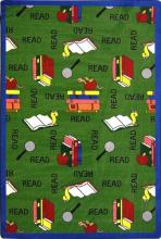 A rectangle shaped green children's area rug.