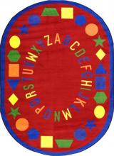 An oval shaped red alphabet preschool rug for the classroom.