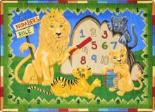 A bright children s rug depicts colorful yellow lions and helps to make an otherwise tedious math lesson into fun. 