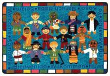 A large rug from children is shown in vibrant detail. The word "hello" is written in many different languages and the rugs construction goes above and beyond the safety regulations set into place by the EPA.