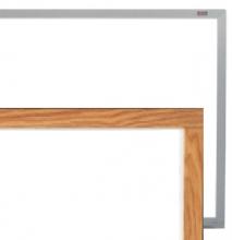 A close up side by side comparison of the large melamine whiteboard is shown in the two frame options, aluminum and wood.