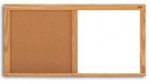 A dual use teaching tool, the cork dry erase board is displayed in a wooden frame.