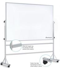 A magnetic rolling whiteboard on an aluminum frame with rolling casters is shown. Made from porcelain coated steel, the board is guaranteed for 50 years.
