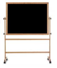 This black free standing chalkboard sits on a wooden stand with a full length accessory tray. The board rotates and locks into place and the entire stands moves easily around  room on casters.