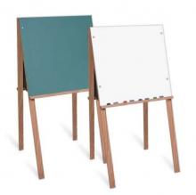 Displayed free standing chalkboard and white boards for kids. Each board is wooden framed ad folds for easy storage.