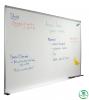 Shown is a magnetic dry erase classroom whiteboard covered in different colored writing. Attached is a full length map rail and full  length accessory tray.