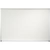 A blank dry erase white board is seen in its aluminum frame. Constructed of porcelain covered steel, this board is guaranteed to last 50 years.