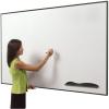 A woman is shown standing in front of the dry erase magnetic porcelain steel whiteboard.