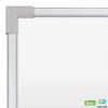 The magnetic dry erase whiteboard is displayed with a close up of the silver aluminum frame.