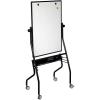 This freestanding reversible whiteboard is on a steel frame and has flip chart hooks and an accessory tray. The dry erase whiteboard swivels 360 degrees and locks into place. The frame is designed to nest with others while in storage.