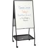 A free standing whiteboard with convenient underneath storafe.