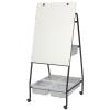 A dry erase whiteboard on an easel has brass hooks for flip chart display.