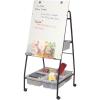 A freestanding dry erase whiteboard sits on 3 inch casters for easy portability.