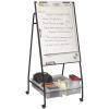 A rolling whiteboard easel displayed with four whiteboard organizer tubs,