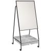 The magnetic dry erase steel whiteboard has brass flip chart pegs.