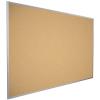 A side view of a framed cork board in a silver aluminum frame,