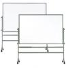 On display are two different sized free standing dry erase reversible white boards. They are mounted on aluminum frames and swivel 360 degree and have a lock pin system to stabilize the board, Casters allow you to move the white board around the classroom easily.